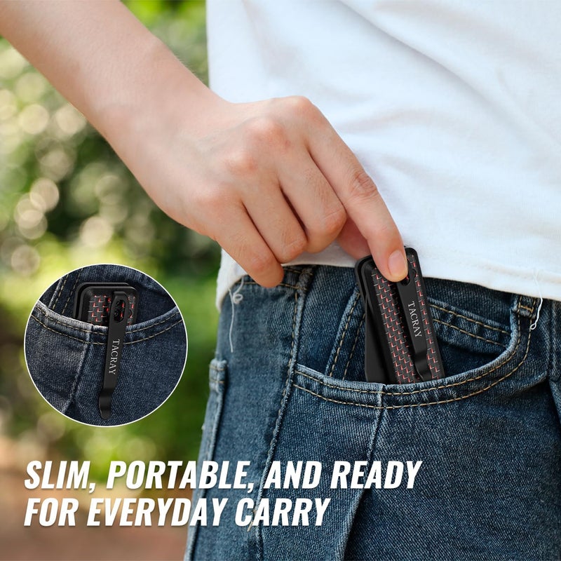 TACRAY Tarcus Folding Pocket Knife, 3.5" D2 Steel DLC Blade Carbon Fiber Overlay Handle, Lightweight EDC Knife with Crossbar Lock for Men and Women, Ideal for Camping, Hiking, and Survival - Image 5